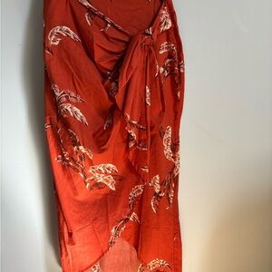 Mango Red Midi Skirt with Leaf Print